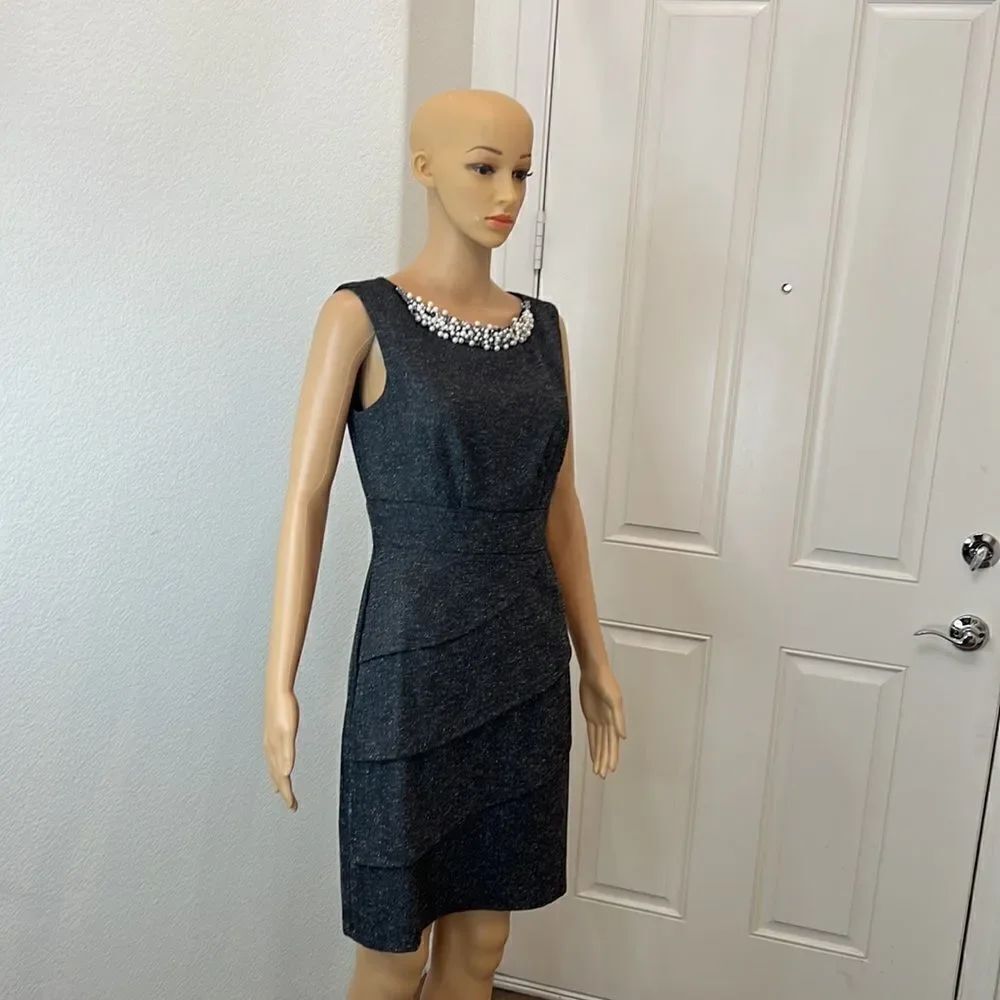 Dress Barn Size 6 Dress Gray Mini Pearl Beaded Scoop Neck Sleeveless Slimming - Picture 2 of 12